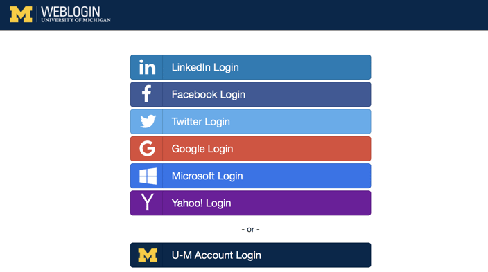 UMich Login screen, showing social or enterprise login for alumni accounts