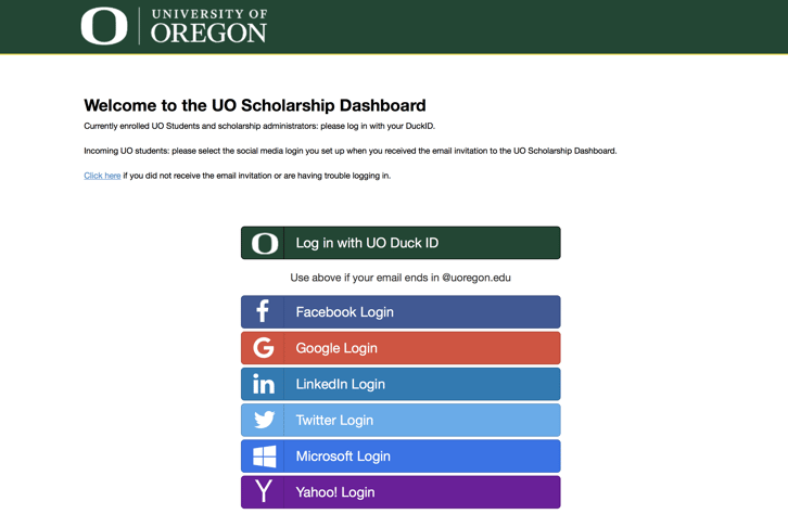 UofO Login Screen, showing social login and enterprise login for scholarship applicants